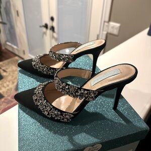 Betsey Johnson - Elina Black Satin Rhinestone Pointed-Toe
Mules 6.5